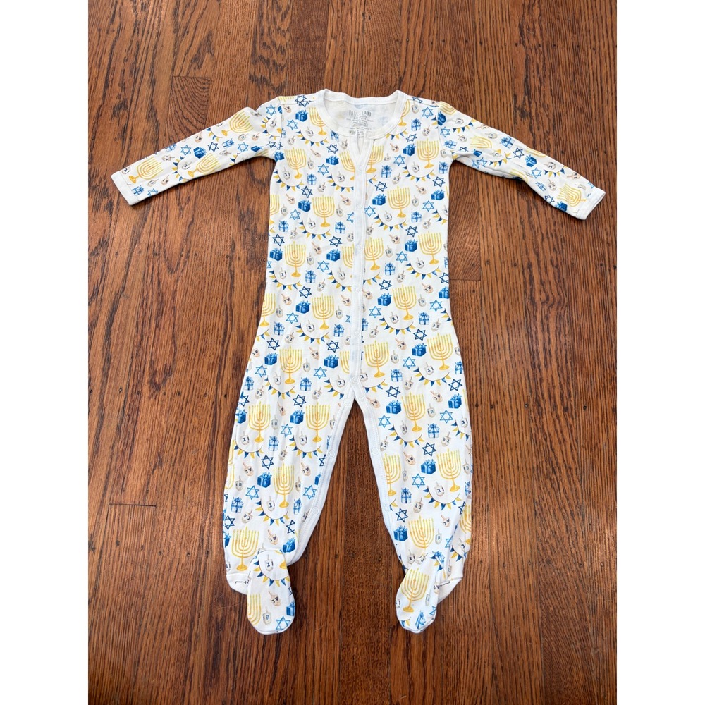 Hart + Land Hanukkah Organic Pima Cotton Footed Sleeper White Blue Gold 6-12M